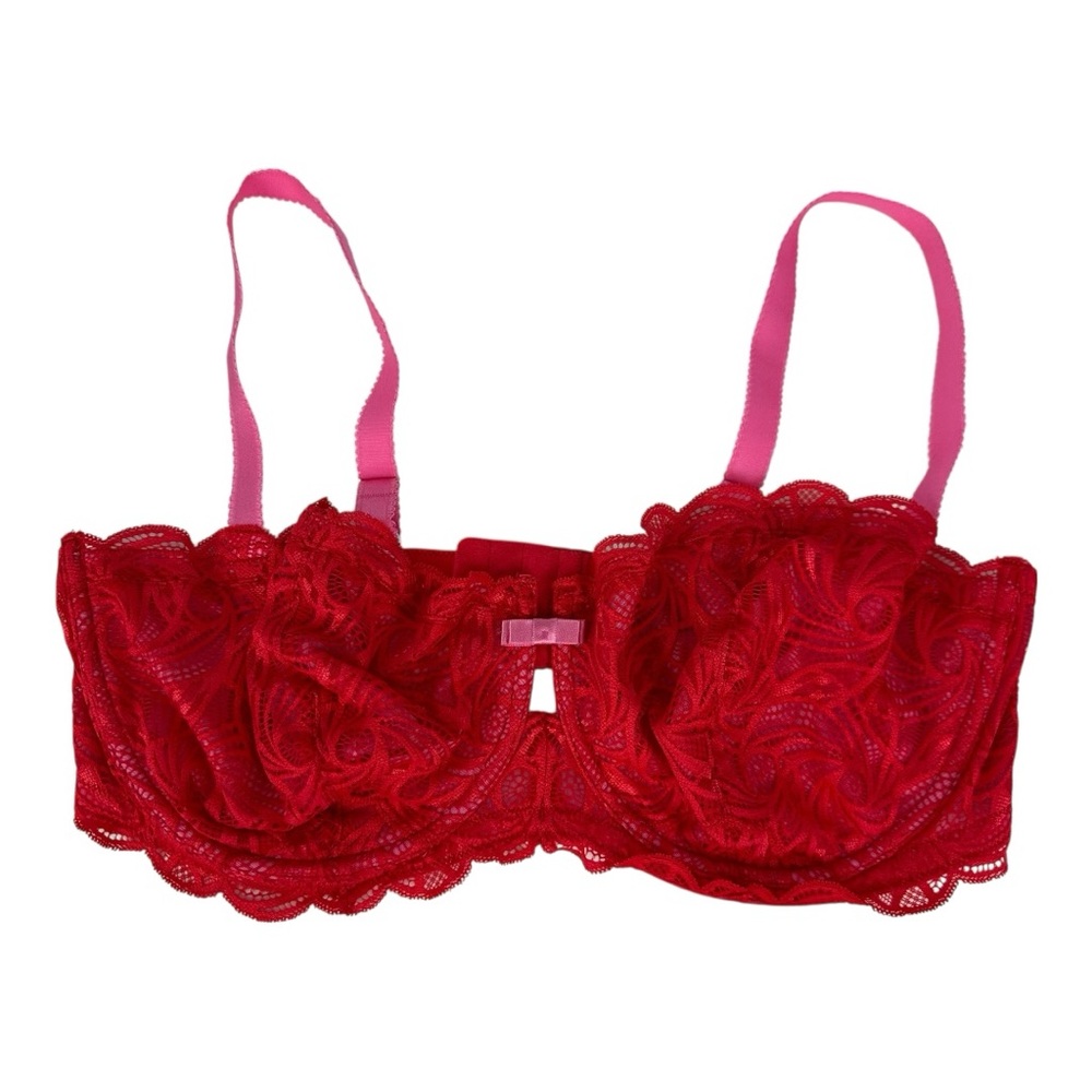 Adore Me Red & Pink Lined Lace Underwire Balconette Bra Unpadded Size 42DDD 42F